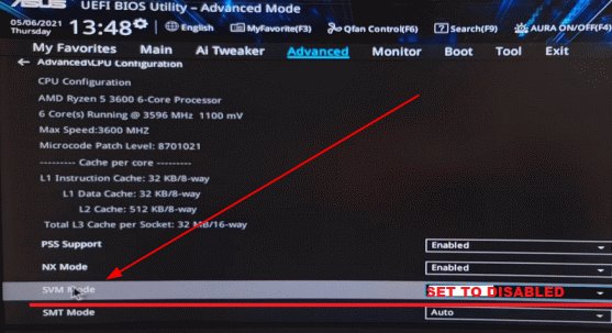 ASUS motherboard disable AMD SVM