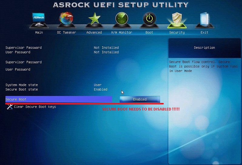 Disable Secure Boot option on ASRock motherboard