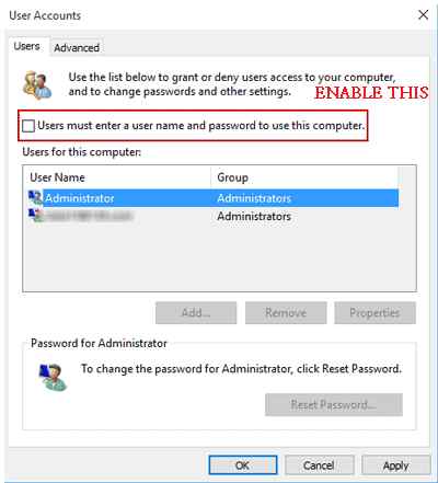 User must enter a user name and password to use the computer now visible