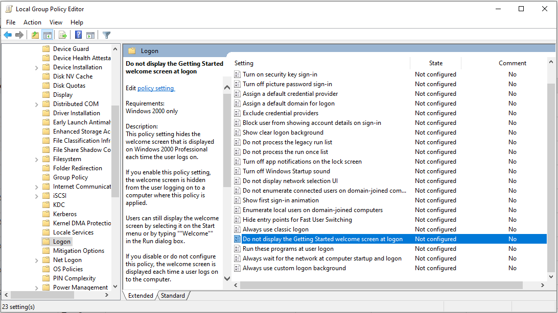 System Logon in the left window of Group Policy Editor