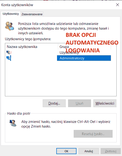 brak opcji automatycznego logowania w windows 10